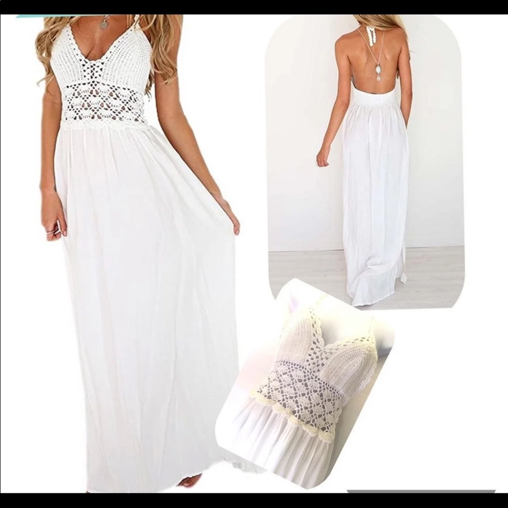 LILBETTER Crocheted Dress Backless White long dress Size Small
